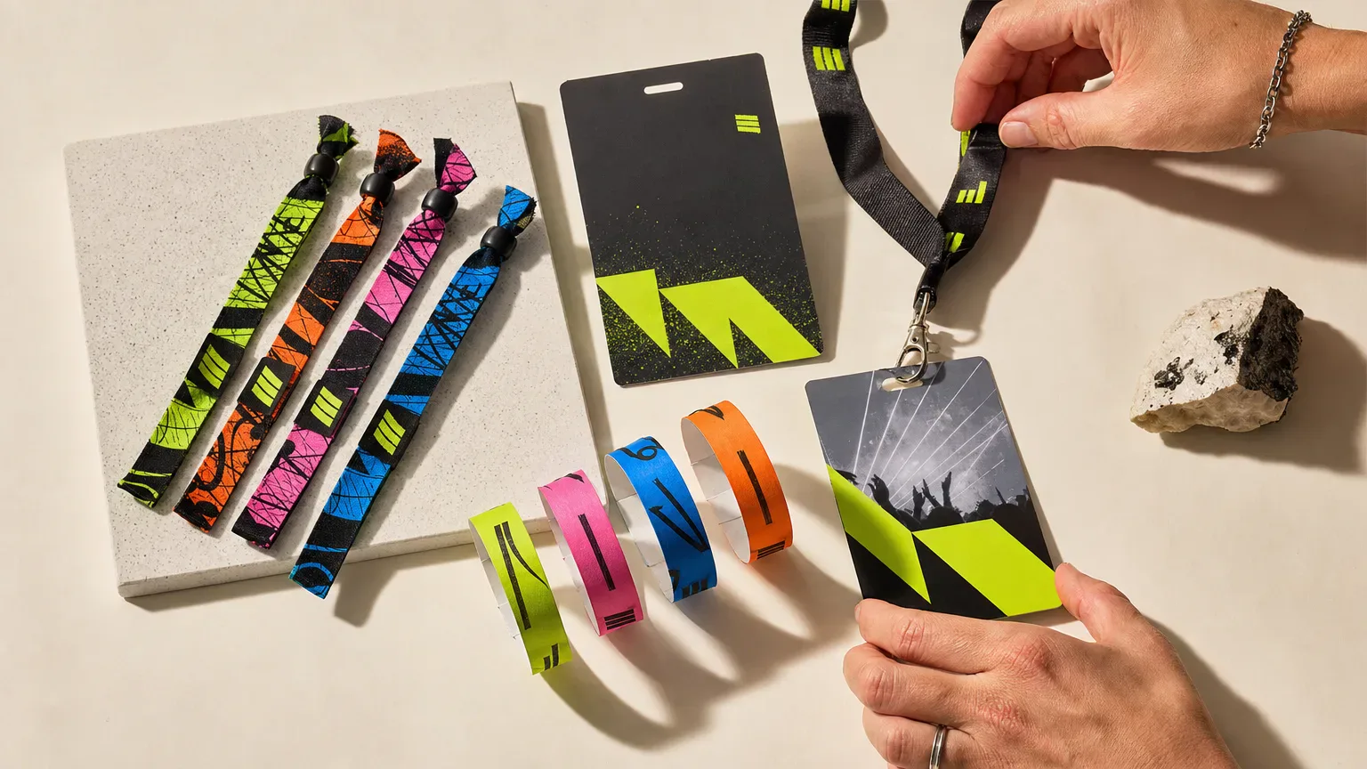 Complete event-access kit with wristbands, passes and lanyards