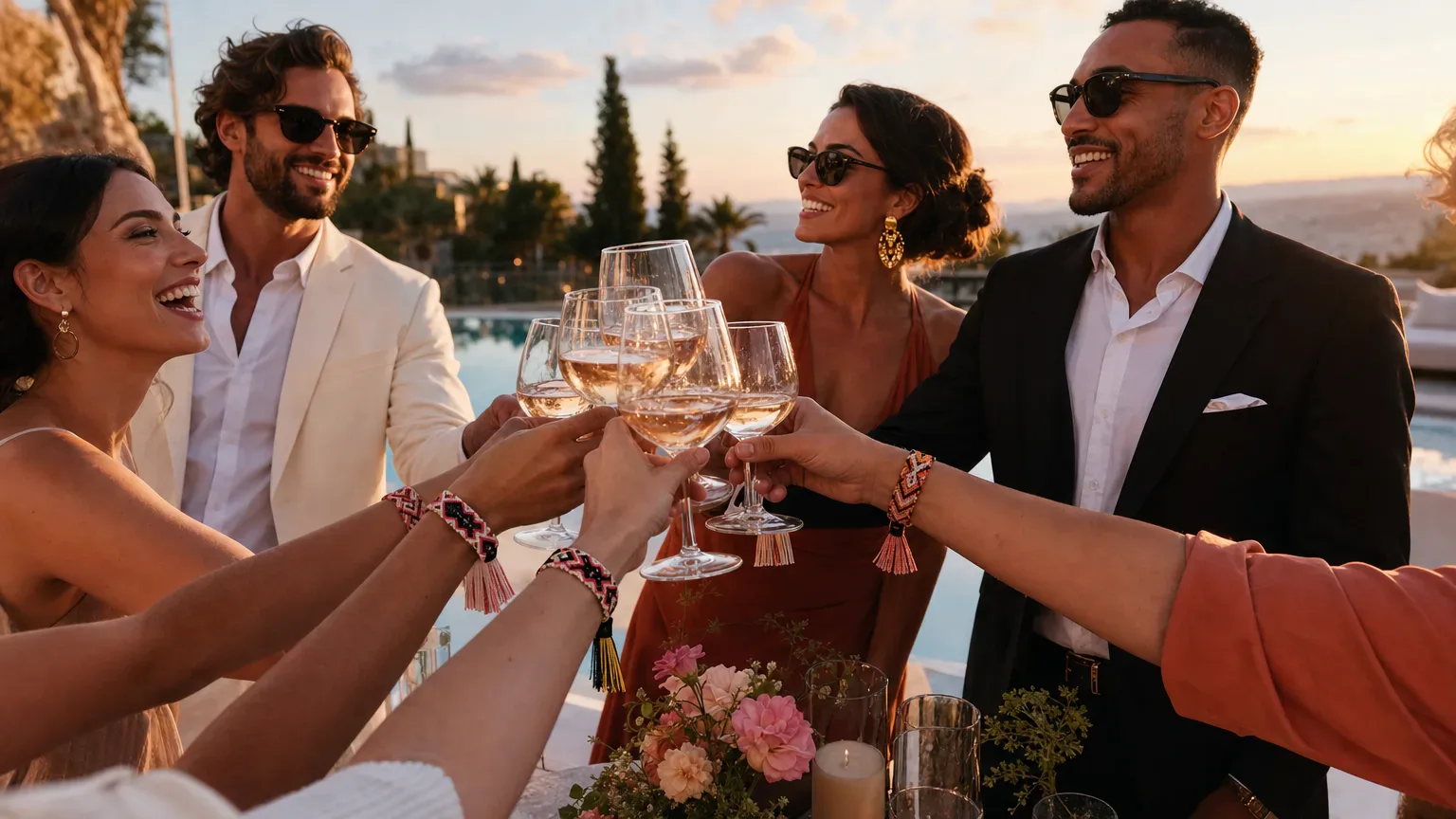 Wedding weekend guests wearing coordinated fabric wristbands